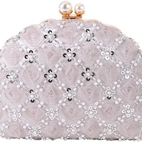 Elegant Sequin Pearl Clutch for Women with Handle and Tulle Flower - Picture 1 of 6